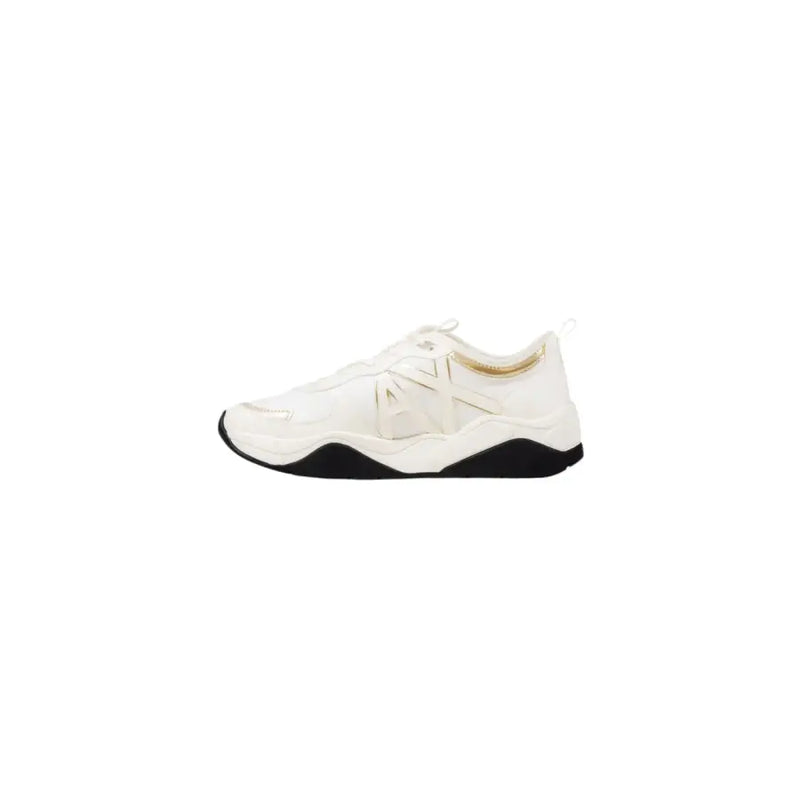 Armani Exchange women gold lace rubber sneakers white with black rubber sole and gold-tone branding details