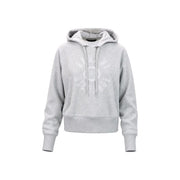 Armani Exchange women grey cotton hoodie sweatshirt with subtle textured fabric and white circular logo embroidered on chest