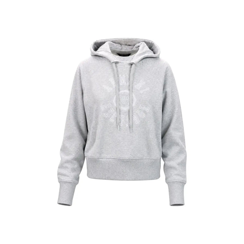 Armani Exchange women grey cotton hoodie sweatshirt with subtle textured fabric and white circular logo embroidered on chest