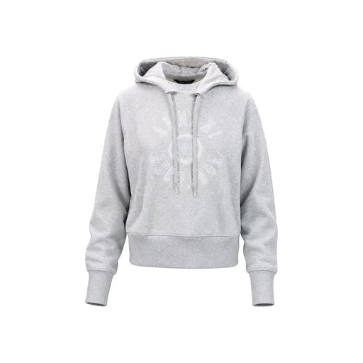 Armani Exchange Grauer Damen-Hoodie aus Baumwolle mit dezenter Struktur und weißem, rundem Logo auf der Brust.