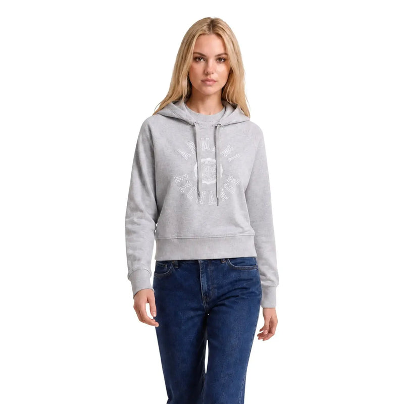 Armani Exchange women grey cotton hoodie sweatshirt with white circular logo and drawstrings for casual wear