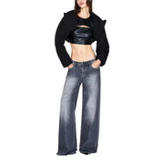Armani Exchange Graue Damen-Jeans aus Baumwolle mit weitem Bein und verwaschener, dunkler Waschung