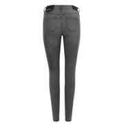 Dunkelgrau, schmal armani exchange Damen-Baumwolljeans mit abgenutztem, schwarzem Bund und klassischen Gesäßtaschen.