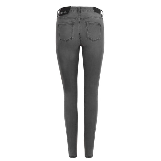 Dunkelgrau, schmal armani exchange Damen-Baumwolljeans mit abgenutztem, schwarzem Bund und klassischen Gesäßtaschen.