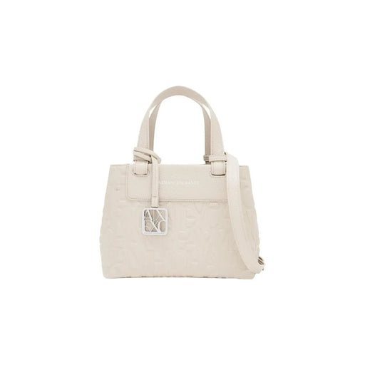 Armani Exchange Damenhandtasche aus beigefarbenem Leder mit dezenter Struktur und silberfarbenem Logo-Emblem