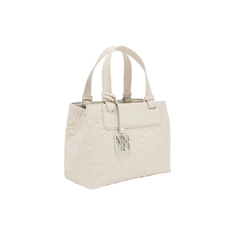 Cream-colored armani exchange women handbag in beige polyester with embossed texture and silver-tone logo tag 24x17x13cm