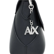 Armani Exchange Schwarze Damenhandtasche aus Polyurethan mit silberfarbenem Axt-Logo-Anhänger top Griff B28cm