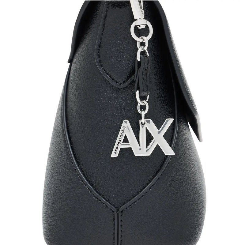 Armani Exchange Schwarze Damenhandtasche aus Polyurethan mit silberfarbenem Axt-Logo-Anhänger top Griff B28cm