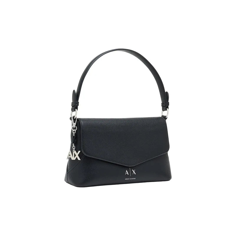 Schwarzes Leder Armani Exchange Schultertasche mit elegantem Umschlagverschluss und silberfarbenen Beschlägen, 28 cm breit, Polyurethan