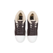 Armani Exchange women leather sneakers in dark gray suede with white rubber toe caps and beige fluffy lining