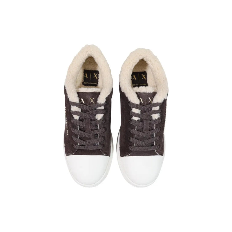 Armani Exchange women leather sneakers in dark gray suede with white rubber toe caps and beige fluffy lining