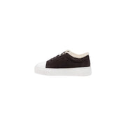 Armani Exchange women leather sneakers brown low-top dark brown suede with white sole and cream shearling lining