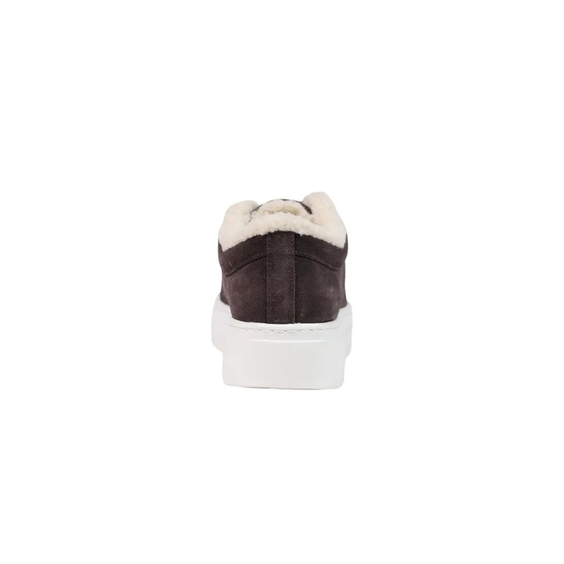Armani Exchange women leather sneakers brown with brown suede, white rubber sole, and cream shearling lining