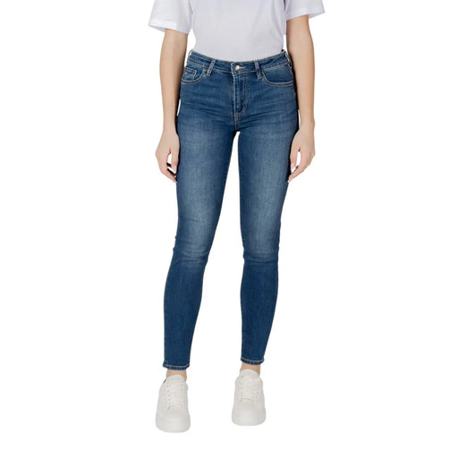 Armani Exchange women light blue cotton jeans with high-waisted slim fit and classic five-pocket design