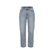 Armani Exchange Damenjeans aus hellblauer Lyocell-Baumwolle mit heller Waschung, hohem Bund und geradem Bein.