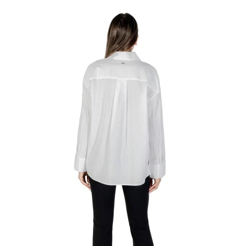Armani Exchange women long sleeve white cotton shirt with a classic collar and semi sheer button up design