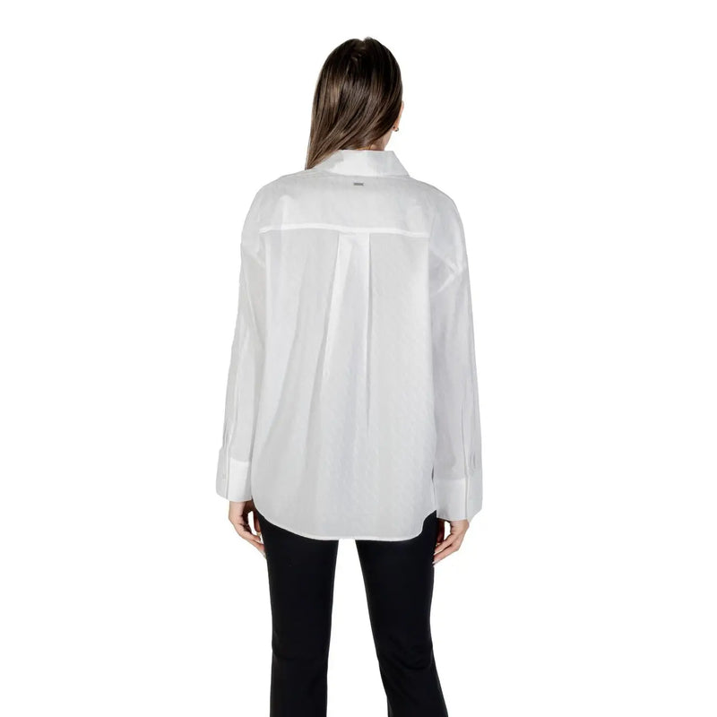 Armani Exchange women long sleeve white cotton shirt with a classic collar and semi sheer button up design