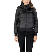 Armani Exchange Women’s black hooded puffer jacket with ribbed hem and cuffs