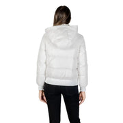Woman wearing Armani Exchange long white hooded fall winter puffer jacket and black pants