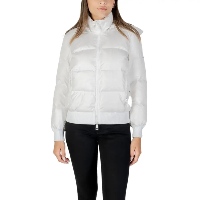 White puffer jacket with full zip closure from Armani Exchange Women Long White Hooded Fall Winter Jacket collection