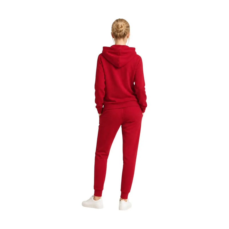Armani Exchange women red hooded sweatshirt and matching jogger pants set featuring cozy fabric and vibrant color