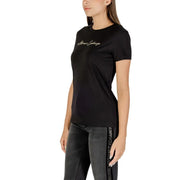 Black short-sleeved cotton t shirt with hermès exchange gold embroidery for fall winter by armani exchange women