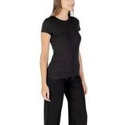 Armani Exchange women short sleeve black cotton t shirt with a subtle rhinestone logo across the chest