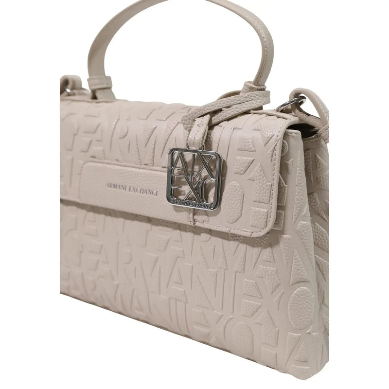 Ein cremefarbener Armani Exchange Damen-Schultertasche aus beigefarbenem Polyester mit geprägtem Logomuster und silberfarbenem Metallverschluss