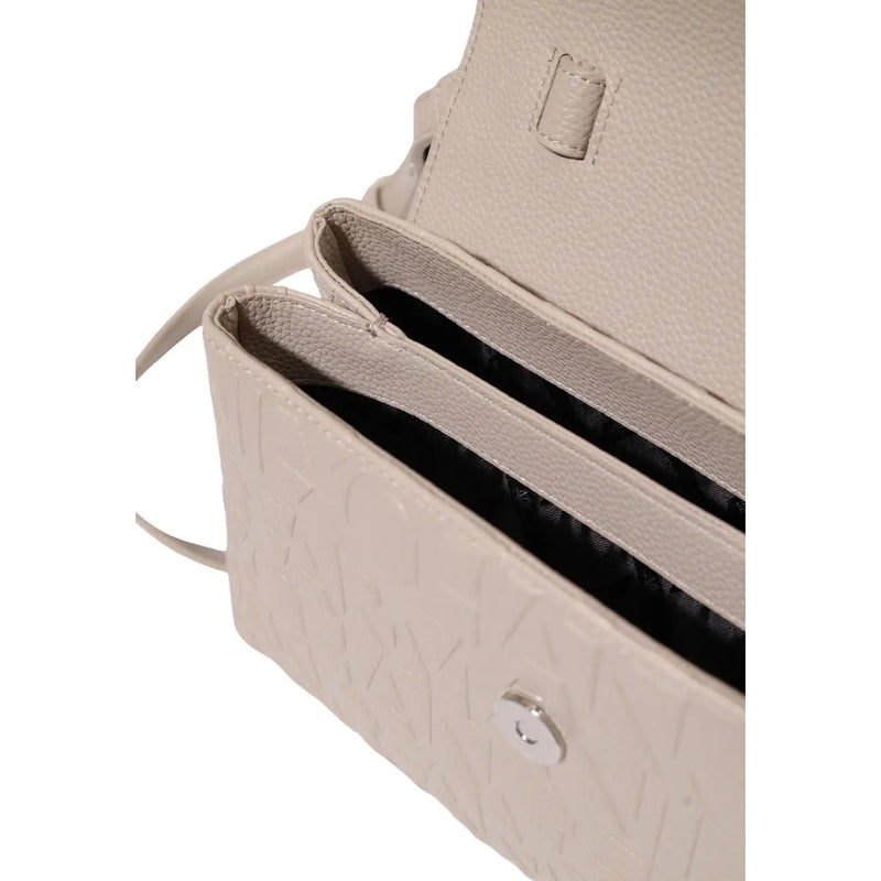 Beige Umhängetasche aus strukturiertem Leder von Armani Exchange mit geprägtem Logo und silberfarbenen Beschlägen, 30 cm, Polyester