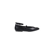 Armani Exchange women slip on black leather mary jane flat shoe with sleek ankle strap and minimalist design