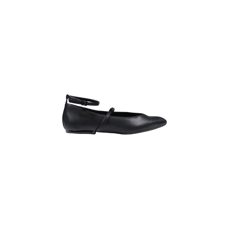 Armani Exchange women slip on black leather mary jane flat shoe with sleek ankle strap and minimalist design