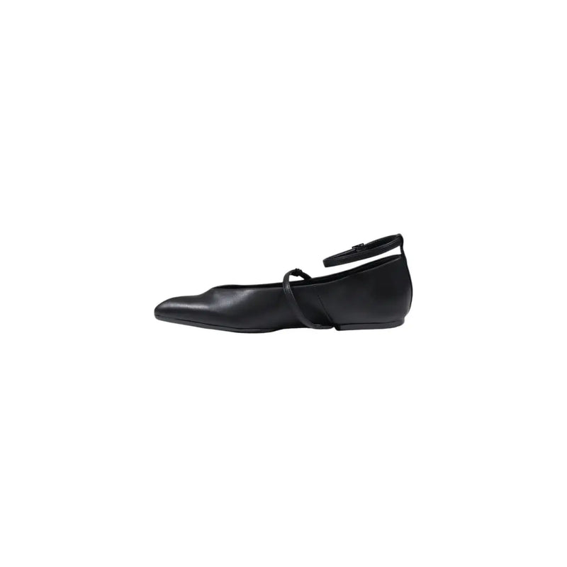 Armani Exchange women slip on black leather flat shoe with pointed toe and ankle strap made of synthetics