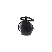 Armani Exchange women slip on black synthetic leather flat shoe with t-strap and ankle buckle closure