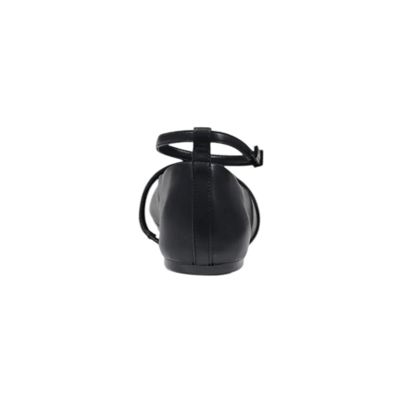Armani Exchange women slip on black synthetic leather flat shoe with t-strap and ankle buckle closure