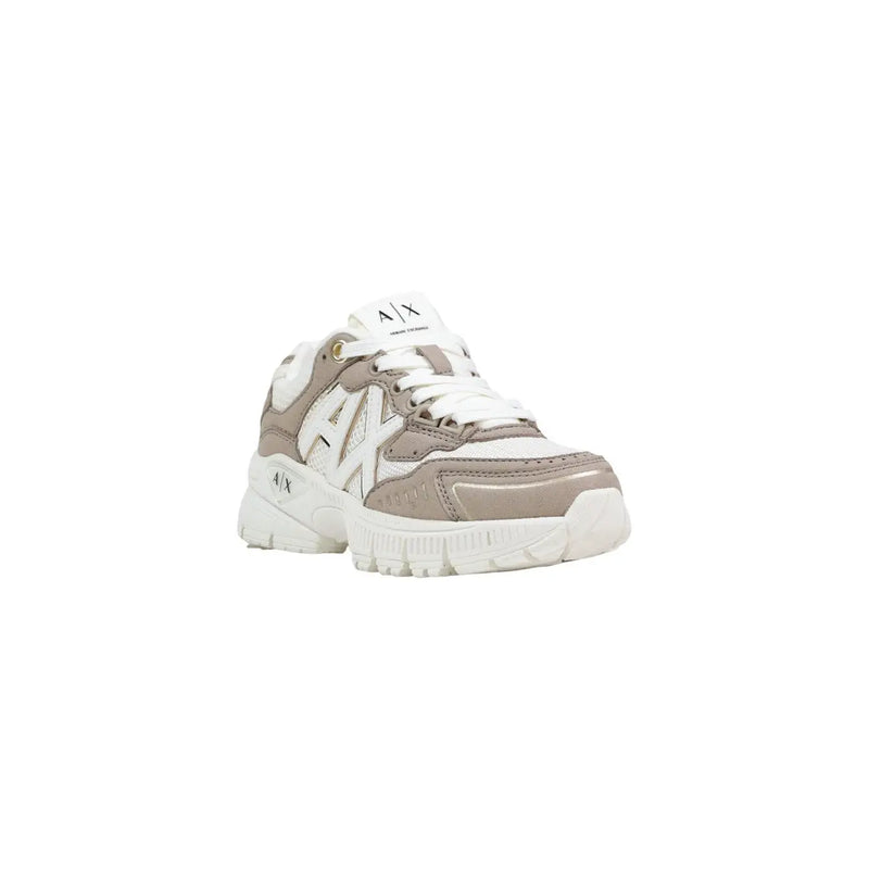 A beige and white Armani Exchange women sneaker with chunky sole and mesh detailing in elastane polyamide materials