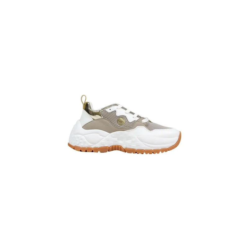 Armani Exchange women sneakers white polyurethane with beige chunky mesh panels gold-tone logo and gum rubber sole