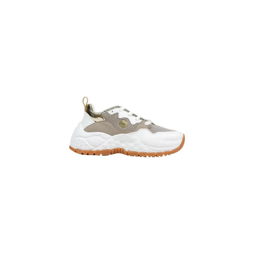 Armani Exchange Weiße Damen-Sneaker aus Polyurethan mit beigen, grobmaschigen Einsätzen, goldfarbenem Logo und Gummisohle