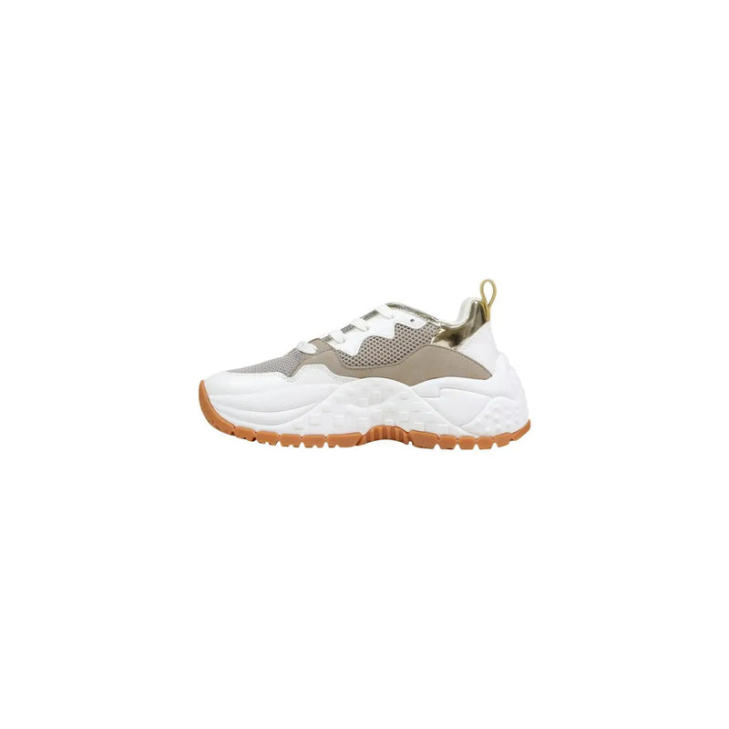 Armani Exchange women sneakers white polyurethane with beige mesh panels metallic gold heel tab and gum rubber sole