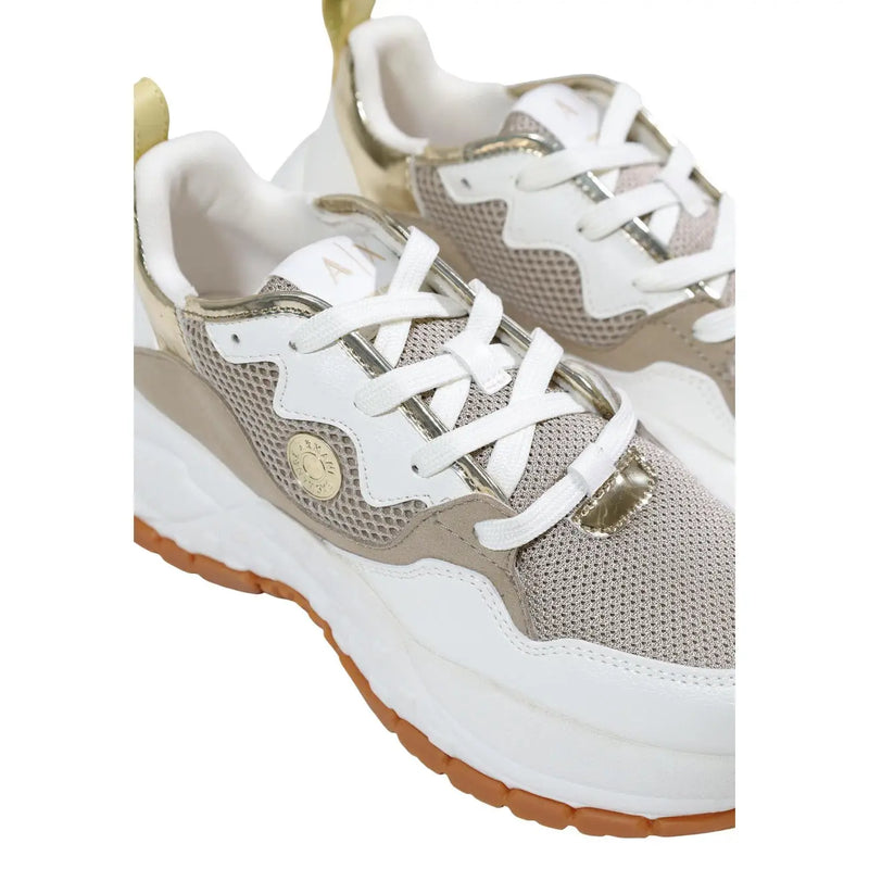 Armani Exchange women sneakers white polyurethane with white and gold mesh, chunky white sole, and tan rubber outsole