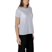 Armani Exchange women t-shirt white 100 percent cotton with short sleeves and subtle logo on left chest