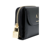 Armani Exchange Schwarze Damen-Geldbörse aus Leder mit Reißverschluss, goldfarbenen Beschlägen und einem Reißverschlussanhänger im Vorhängeschloss-Stil, 12 cm