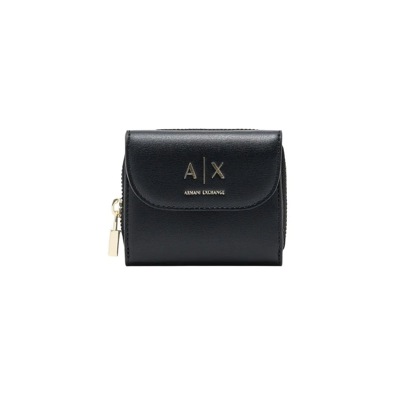 Armani Exchange Damen-Geldbörse aus schwarzem Leder mit umlaufendem Reißverschluss, goldfarbenem Logo und Reißverschlussanhänger, 12 cm Taschengröße