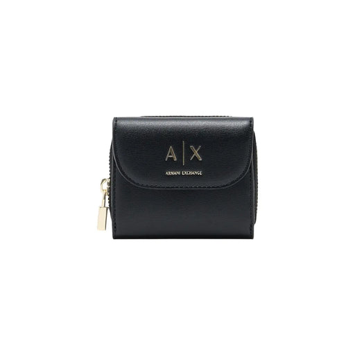 Armani Exchange Damen-Geldbörse aus schwarzem Leder mit umlaufendem Reißverschluss, goldfarbenem Logo und Reißverschlussanhänger, 12 cm Taschengröße