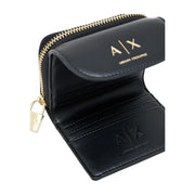 Armani Exchange Schwarze Damen-Geldbörse aus Leder mit umlaufendem Reißverschluss, goldfarbenem Reißverschluss und Vorhängeschloss-Anhänger, 12 cm