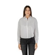 Armani Exchange women white cotton long sleeve button shirt with classic collar and subtle left chest embroidery