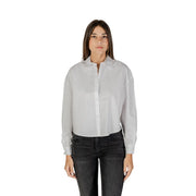 Armani Exchange women white cotton long sleeve button shirt with classic collar and subtle left chest embroidery
