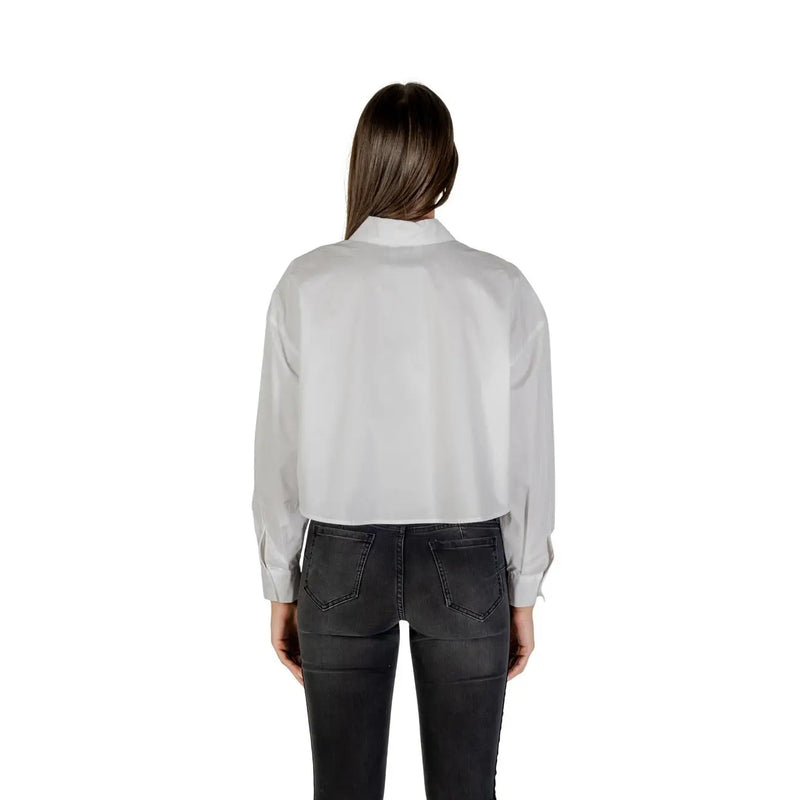 Armani Exchange women white cotton long sleeve button shirt featuring a sleek light gray satin blouse style