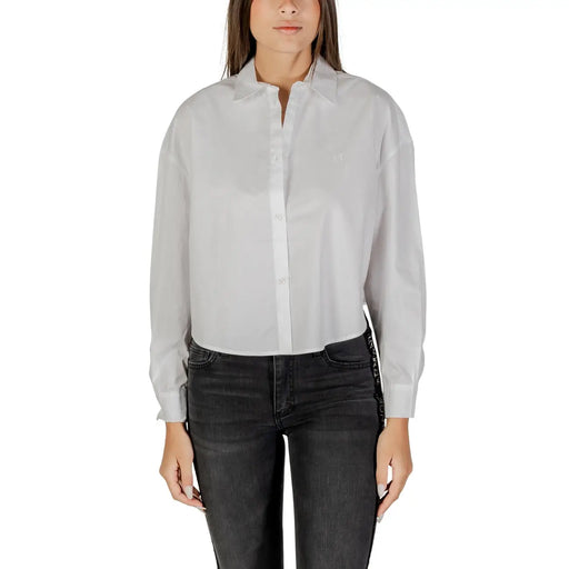 Armani Exchange women white cotton long sleeve button shirt with classic collar and subtle chest branding