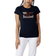 Marineblau Armani Exchange Damen Kurzarm-Baumwollhemd t-shirt mit rechteckigem, paillettenbesetztem Axt-Logo auf der Brust