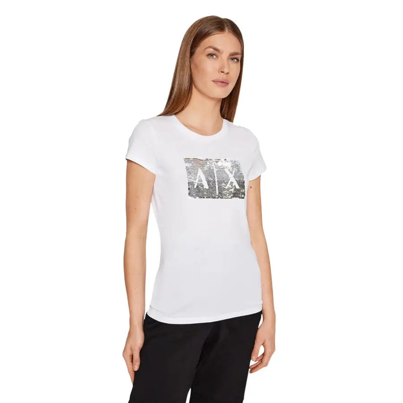 Armani Exchange Damen weiße Baumwolle t-shirt mit einem auffälligen, paillettenbesetzten Axt-Logo auf der Brust